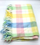 Vtg Tennessee Woolen Mills Baby Blanket Fringe Pastels 45X35" Plaid Union Made. Fixed Price $30.00.