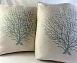 Set Of 2 Coastal Coral Throw Pillows Aqua Seafoam Nautical Beach Decor 19X19 In. Fixed Price $35.99.