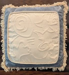 Boutique Cream & Blue Velvet Throw Pillow 16X16 Textured Abstract Loop Fringe. Fixed Price $18.00.