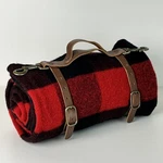 Vtg Marlboro Country Store Wool Blanket Buffalo Plaid Leather Strap Brass Snaps. Fixed Price $49.00.