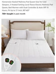 Homemate Heated Mattress Pad Queen Size For Cold Sleepers 5 Settings. Fixed Price $39.99.