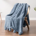 Pavilia Dusty Blue Sherpa Throw Blanket For Couch, Pom Fluffy Plush Soft. Fixed Price $25.19.