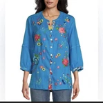John Mark Blue Linen Embroidered Floral Feather Print Button Front Tunic Xl. Fixed Price $50.00.