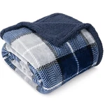 Pavilia Navy Blue Plaid Sherpa Throw Blanket For Couch Twin 60X80. Fixed Price $21.00.