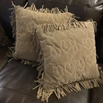Designer Suede Throw Pillow Set / 2 Fringe Embroidered 18 X Beige Down Fill. Fixed Price $115.00.