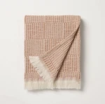 Hearth & Hand Magnolia Throw Blanket Checkered Knit Fringe Neutral Blush Rust. Fixed Price $44.00.