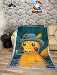 Pikachu With Grey Felt Hat Pokemon Card Throw Blanket! Double Sided 80" X 60". Fixed Price $35.00.
